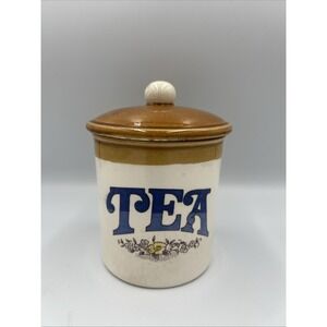 Vintage Glazed‎ Ceramic Tea Canister White Floral Blue Brown Lid Cabin Cottage